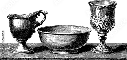 Neoclassical dessert illustration set featuring ornate goblet and bowl design
