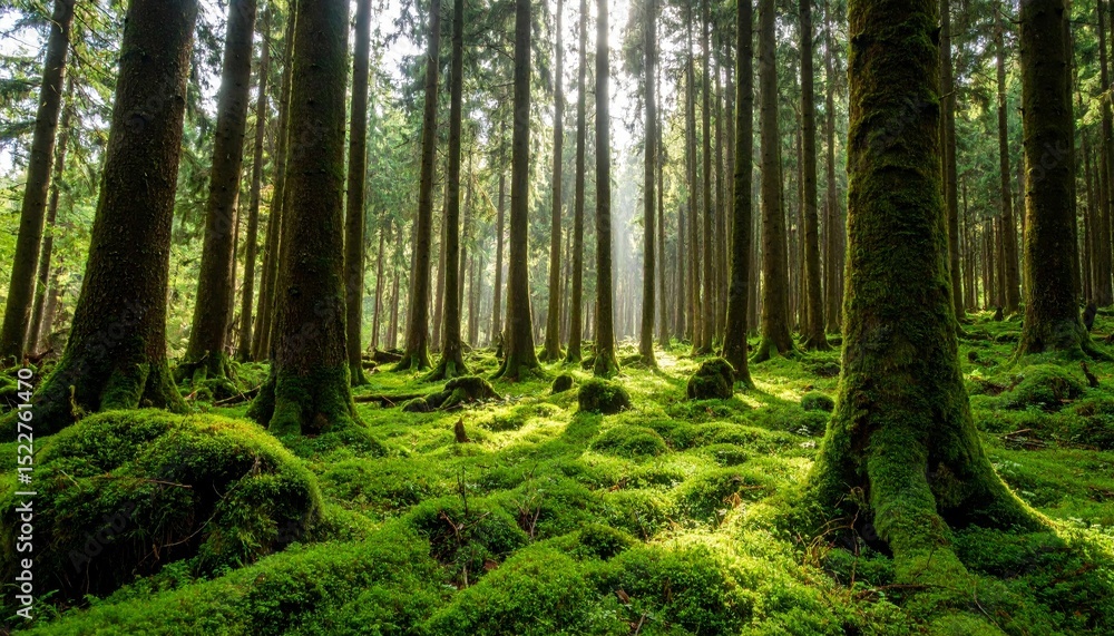 Fototapeta premium Magic beauty of green forest nature trees covered with moss