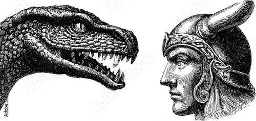 Mythical norse giant jörmungandr and viking warrior illustration for mythology design