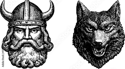 Engraved illustration of Norse mythology scene with Thor and wolf. Viking god statue design in black and white.