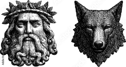 Engraved illustration of norse goddess hel and mythical wolf head for design purposes