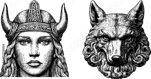 Engraved illustration set of norse goddess hel with mythical creatures for historical and cultural studies