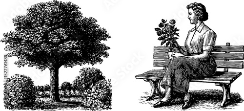 Engraved illustration set featuring nurse with elderly companion and serene nature scene