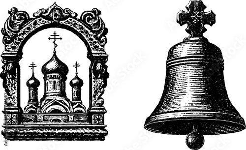 Engraved orthodox icon frames with church and bell illustrations for religious design