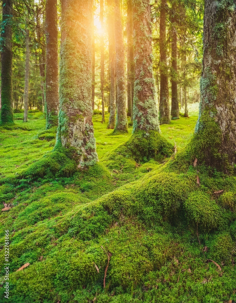 Obraz premium Magic beauty of green forest nature trees covered with moss