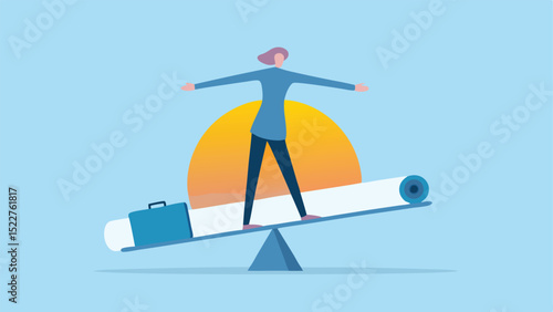 Illustration of a woman balancing on a seesaw with a briefcase and a sun in the background