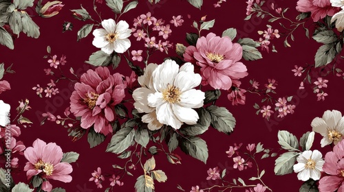 Elegant Pink and White Roses on Burgundy Floral Pattern