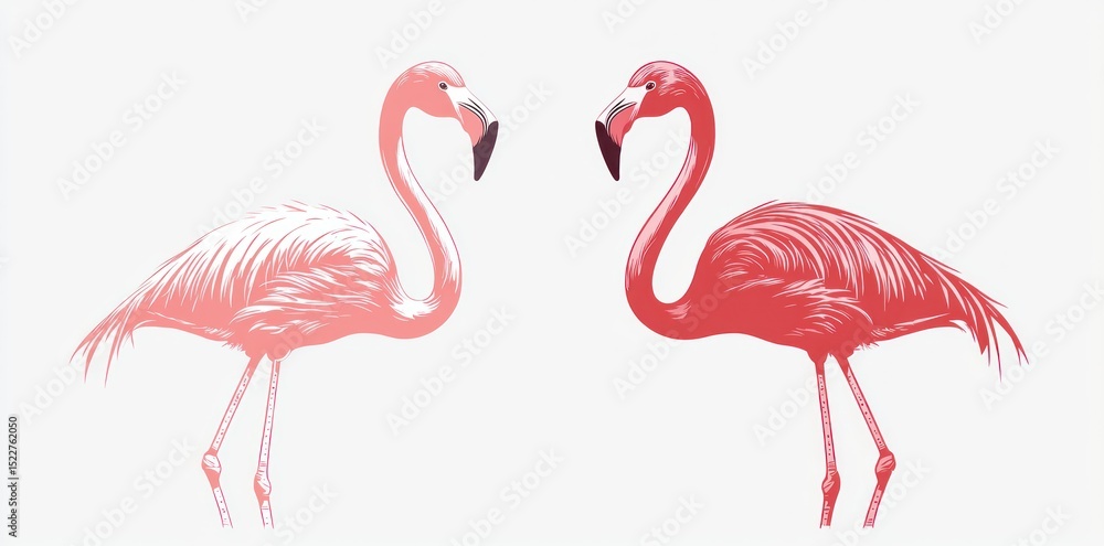 Fototapeta premium Stylized pink flamingo vector illustration with mirrored pair facing each other on white background in graphic art style Generative AI