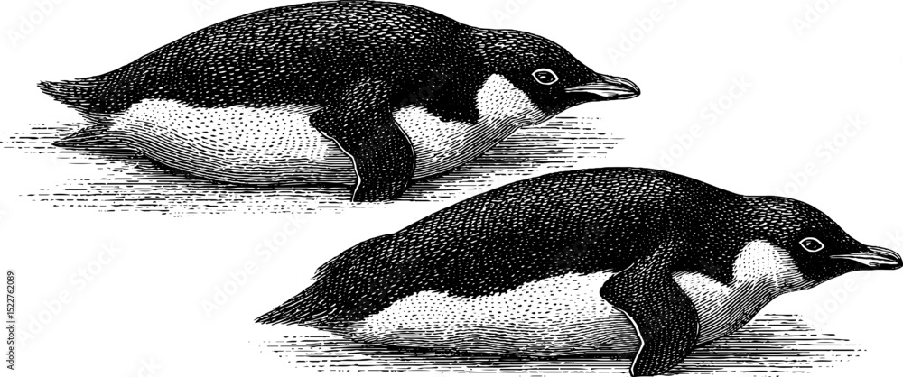 Fototapeta premium Engraved illustration of penguins sliding on ice for nature-themed designs