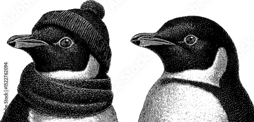 Engraved penguin illustrations with winter hat and scarf for seasonal design