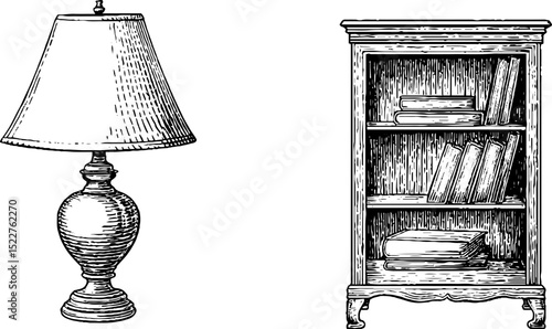 Vintage engraved prairie lamp and bookcase illustration set for historical design