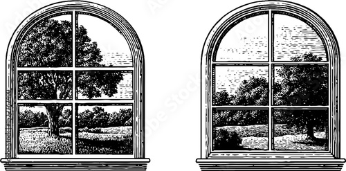 Vintage prairie window views featuring engraved arched frames and scenic landscapes