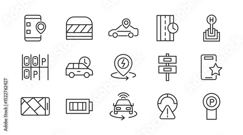 Taxi cab, car service line icon set. Rideshare, travel driver, passenger, taxi app, fare, Hail a Cab, location, rent a car, vector icon collection. UI outline icon pack