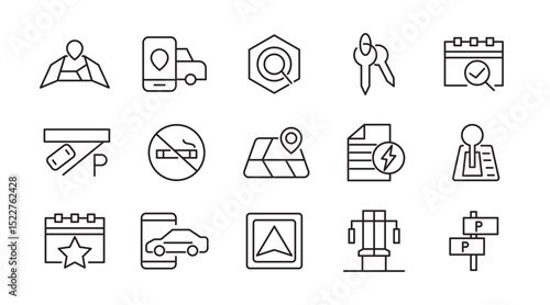 Taxi cab, car service line icon set. Rideshare, travel driver, passenger, taxi app, fare, Hail a Cab, location, rent a car, vector icon collection. UI outline icon pack