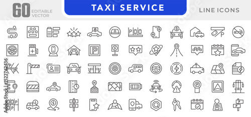 Taxi cab, car service line icon set. Rideshare, travel driver, passenger, taxi app, fare, Hail a Cab, location, rent a car, vector icon collection. UI outline icon pack