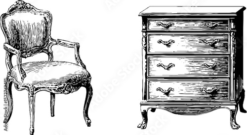 Vintage queen anne style engravings of elegant chair and chest of drawers
