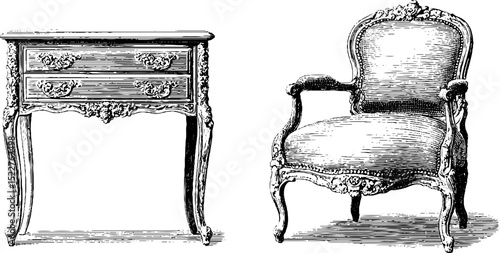 Elegant queen anne furniture set featuring ornate dressing table and armchair illustration