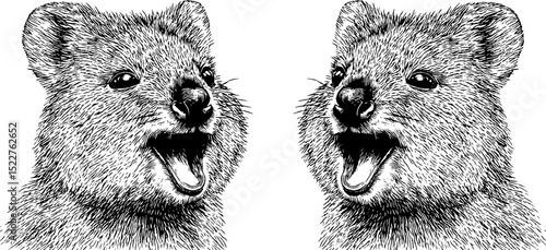 Engraved quokka illustration set with smiling expressions for print design