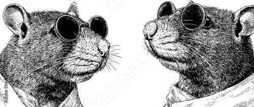Engraved illustration of rats wearing round glasses for artistic design and decor