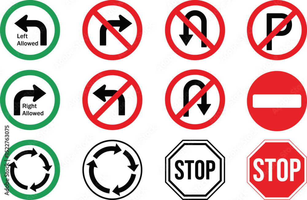 Traffic Road Sign Vector Icon Set Featuring Stop Signs, Arrows, Prohibitions, and Directional Markings Traffic Road Sign Vector Icon Set Featuring Stop Signs, Arrows, Prohibitions, and Directional Markings
