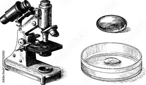 Vintage scientific equipment: retro lab microscope and petri dish engraving for educational design