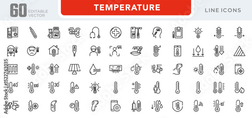 Temperature linear icon set. Weather, thermometer, Celsius, Fahrenheit, degree, fire, heat, sun, clouds, warm, cold, hot, temperature Scale, outline icon collection. UI thin vector icon pack