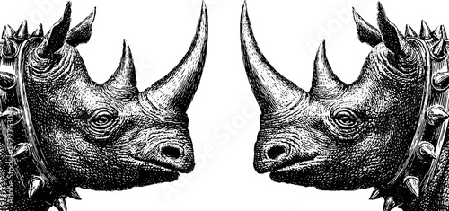 Engraved illustration of punk rhino with mohawk design for artistic projects