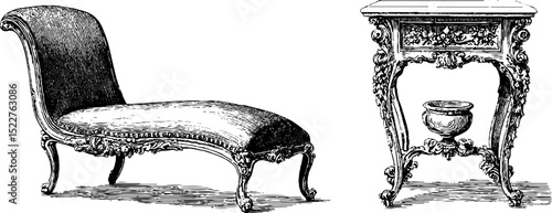 Elegant rococo chaise lounge and ornate table engraving for historical design projects