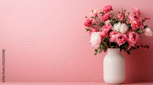 Wallpaper Mural A stunning arrangement of various pink flowers in a minimalist white vase, set against a soft pink background, creating a vibrant yet calming atmosphere for any space. Torontodigital.ca