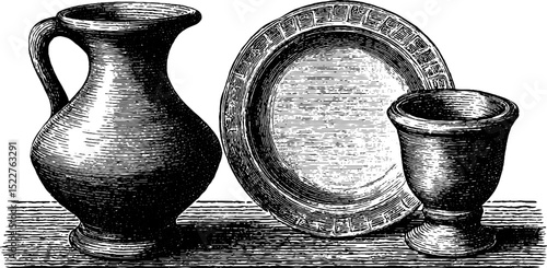 Vintage engraved illustration of roman ceramic jug, plate, and cup for historical design