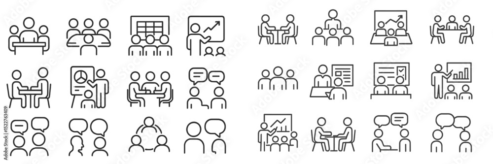 Various scenarios of teamwork and collaboration in professional settings presented in simple line illustrations Various scenarios of teamwork and collaboration in professional settings presented in simple line illustrations