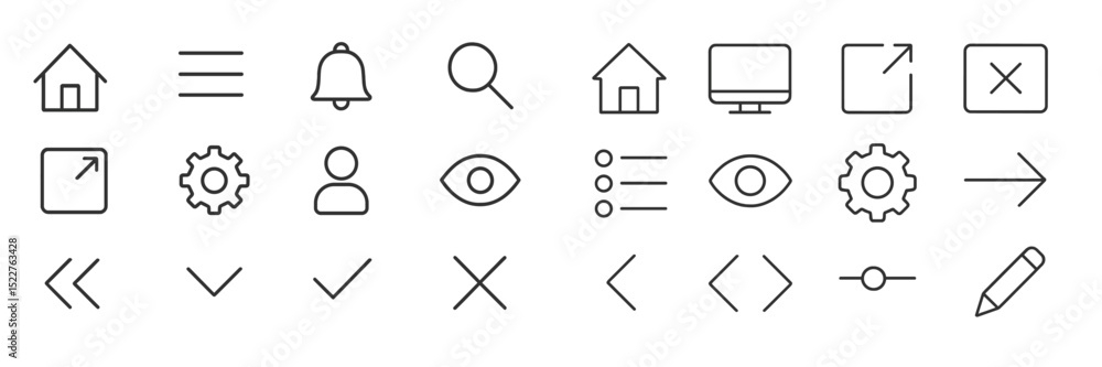 Collection of simple black icons representing common web and application functions for user interface design Collection of simple black icons representing common web and application functions for user interface design