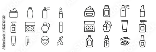 Collection of cosmetic products displayed in a neat arrangement on a white background, showcasing various beauty essentials and tools
