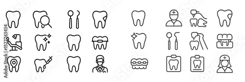 Collection of dental icons representing various dental care and health activities and settings for various applications