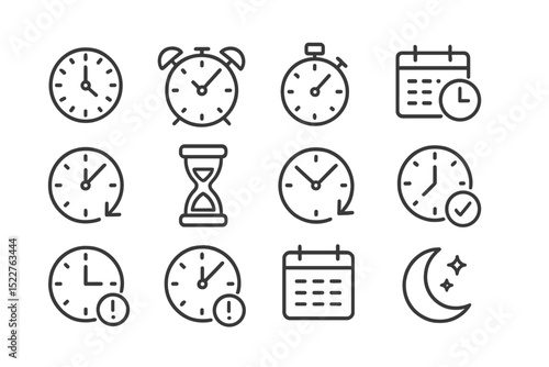 Variety of clock and time-related icons representing schedules, reminders, and time management tools designed in a minimalist style