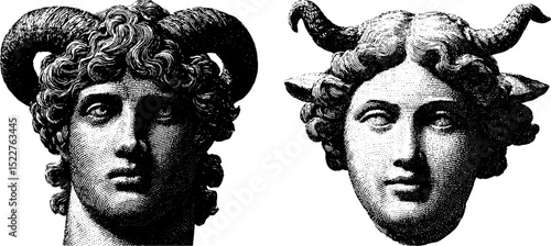 Engraved illustrations of roman god mars statues for historical art and design