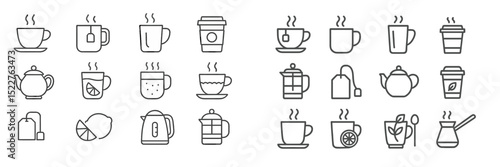 Illustration of various tea and coffee cups along with brewing equipment arranged in a creative pattern