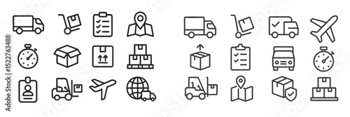 Logistics and transportation icons illustrating key elements of shipping and delivery services