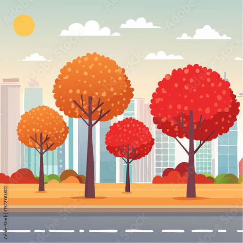 A vibrant flat illustration showcasing an autumnal cityscape with colorful trees, road, buildings, and a bright sun, creating a serene and inviting urban landscape