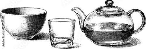 Elegant engraved scandinavian tableware set with glass teapot and bowl