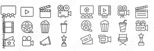 Film industry icons representing cinematic elements, activities, and tools in a minimalistic style