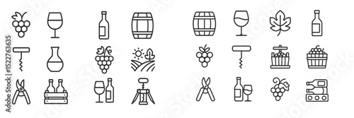 Wine production icons showcasing vineyard activities and essential winemaking tools in simple line art style