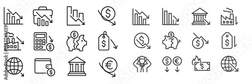 Financial decline and economic downturn illustrated through various symbols and icons in a minimalist style