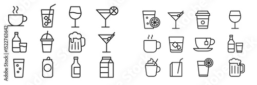 Variety of beverage icons illustrating different drinks including coffee, cocktails, and soft drinks, on a clean background