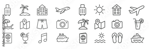 Icon collection representing travel activities, beach relaxation, and vacation essentials for summer adventures
