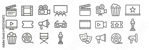 Movie icons collection featuring film elements, projectors, and awards in a minimalist design for cinema lovers