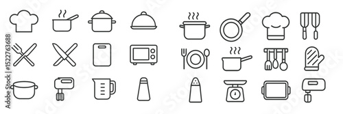 Kitchen utensils and cooking icons arranged in a grid format showcasing various culinary tools and pots
