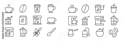 Coffee brewing methods and equipment displayed in a minimalistic design featuring cups, beans, and appliances