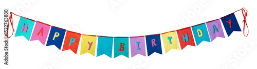 Birthday party garland decoration with happy birthday words isolated on transparent background.