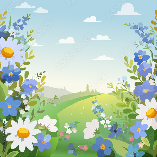 A vibrant illustration of a spring meadow with colorful wildflowers, green hills, and a bright blue sky filled with fluffy white clouds.